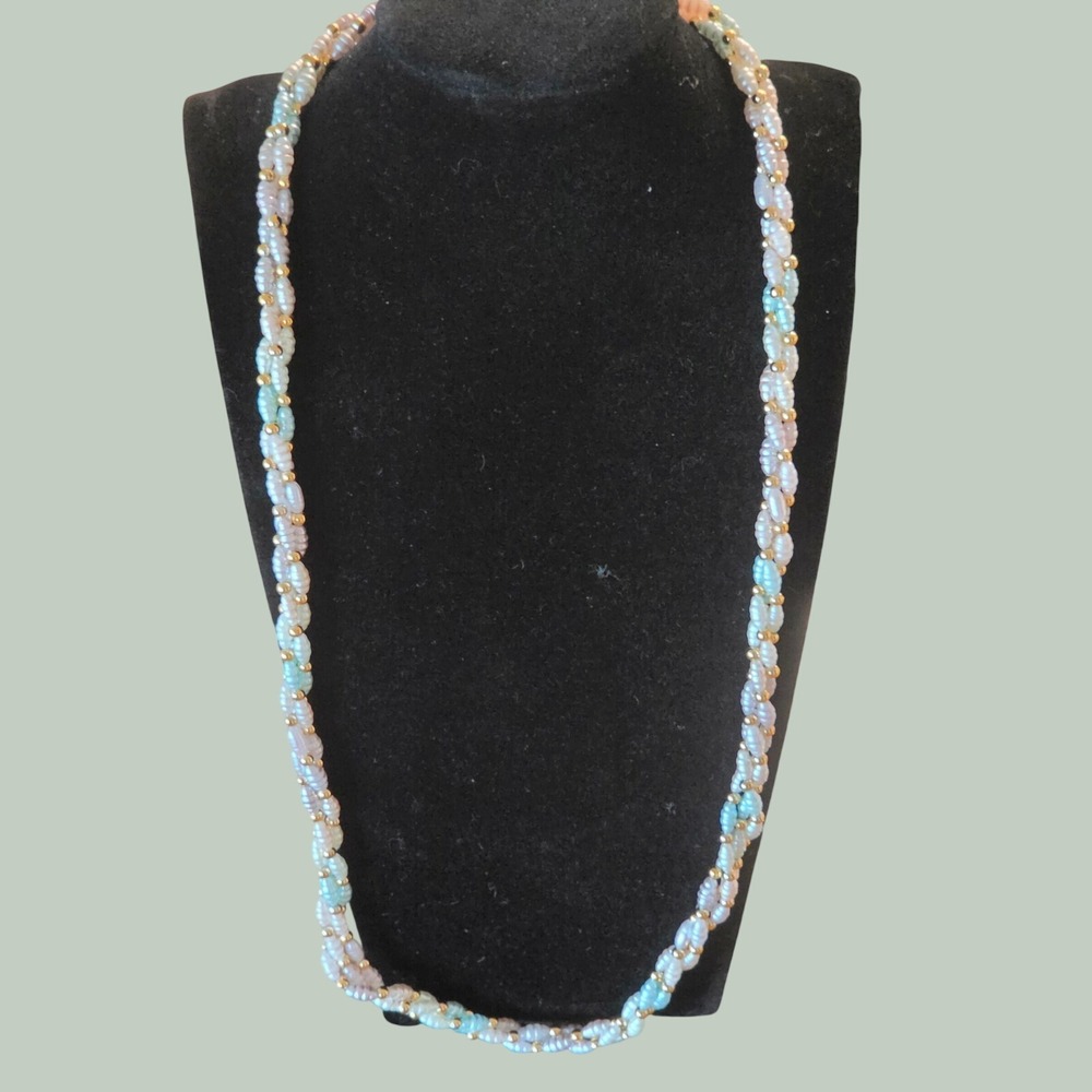 Vintage Twisted Rice Pearl Necklace Multi Strand Pink Blue White Gold Tone Bead